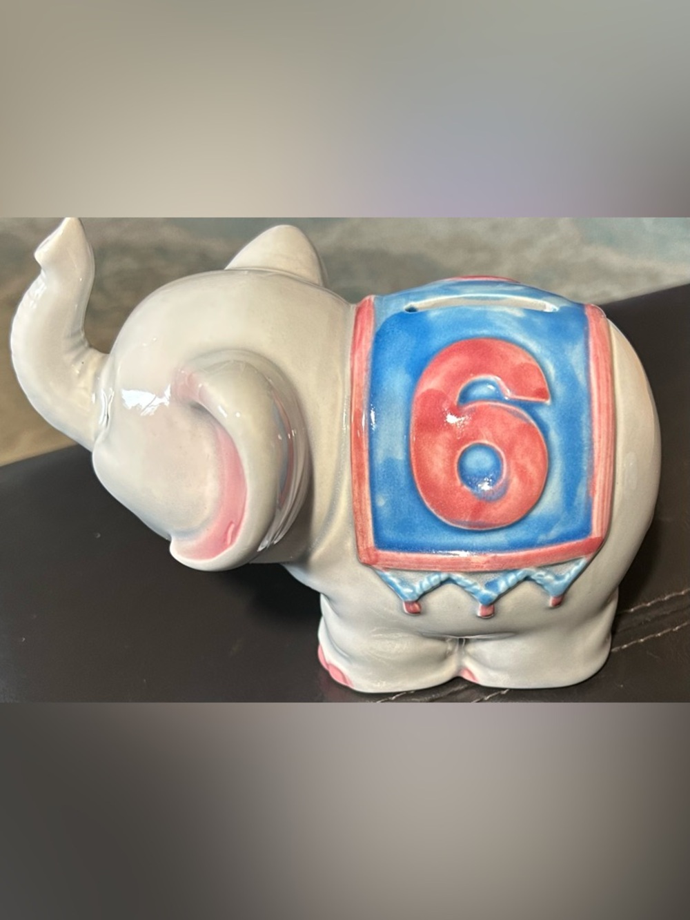 Ceramic Elephant Bank with Blue and Pink Number 6